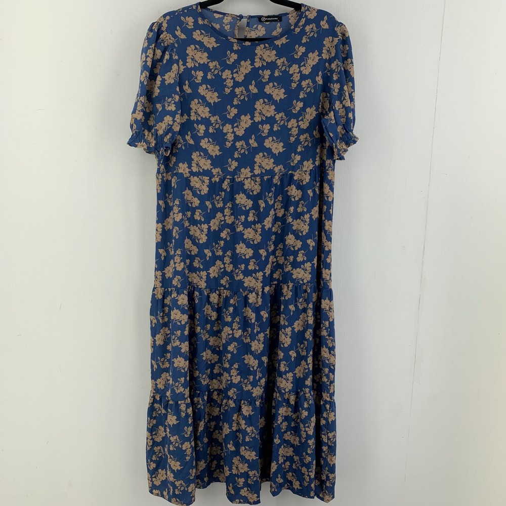 Prairie Cottage Boho Feminine Blue Floral Tiered Midi Dress Puff Sleeve Large